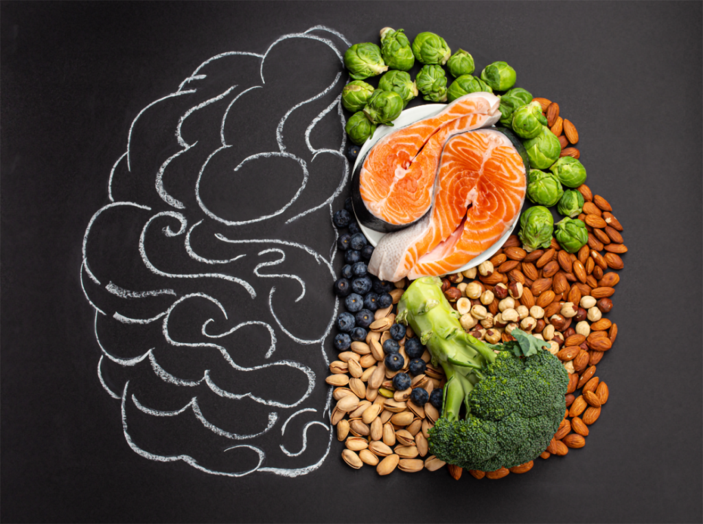 A sampling of foods that promote good gut health and brain health.